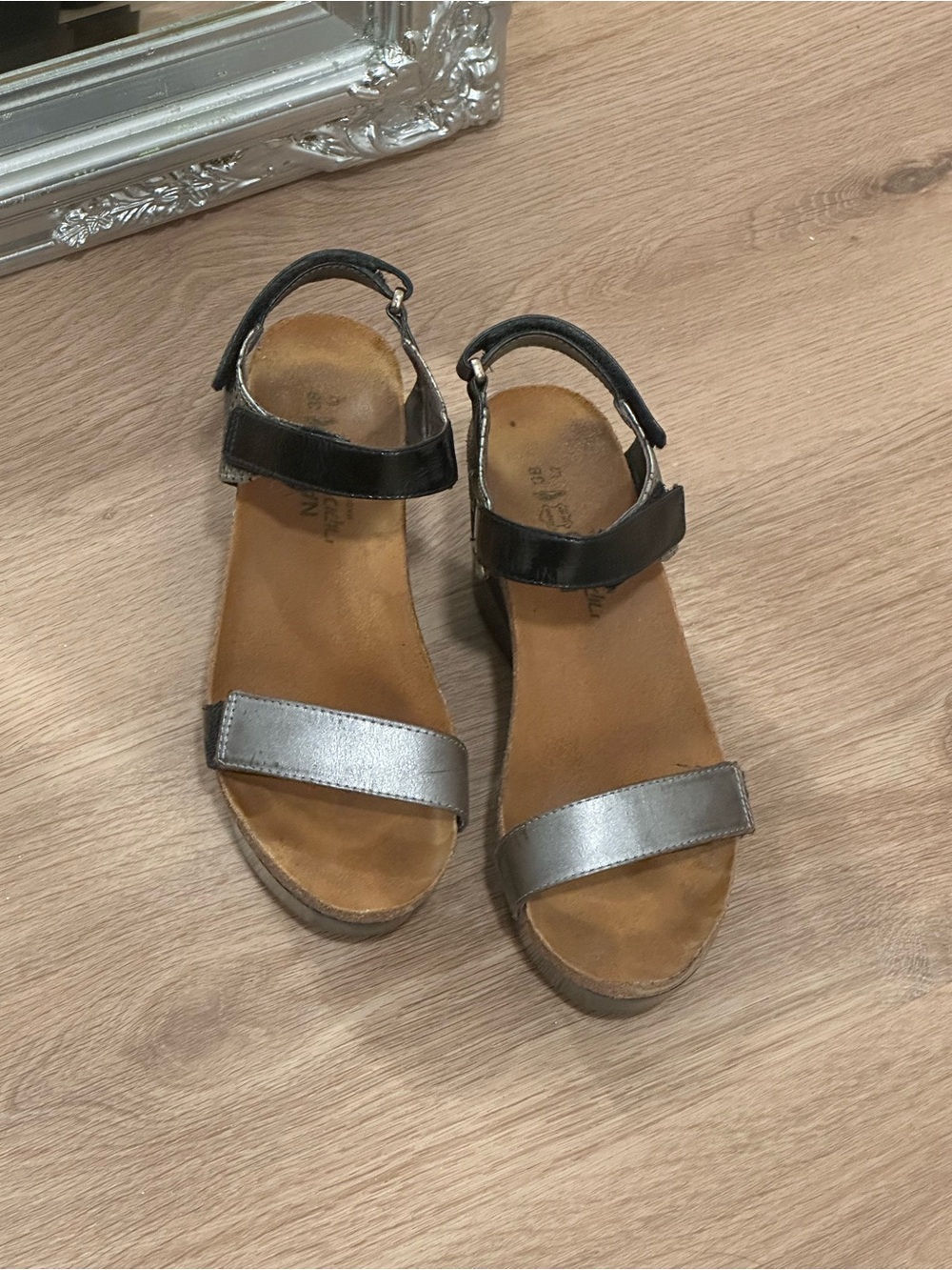 Naot Two-Tone Silver and Black Wedge Sandals